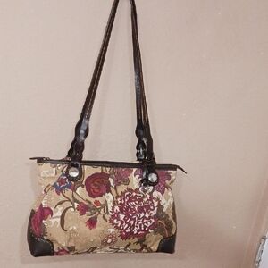 RARE Brighton Tapestry Shoulder Bag with Floral Design And Brown Leather Accents